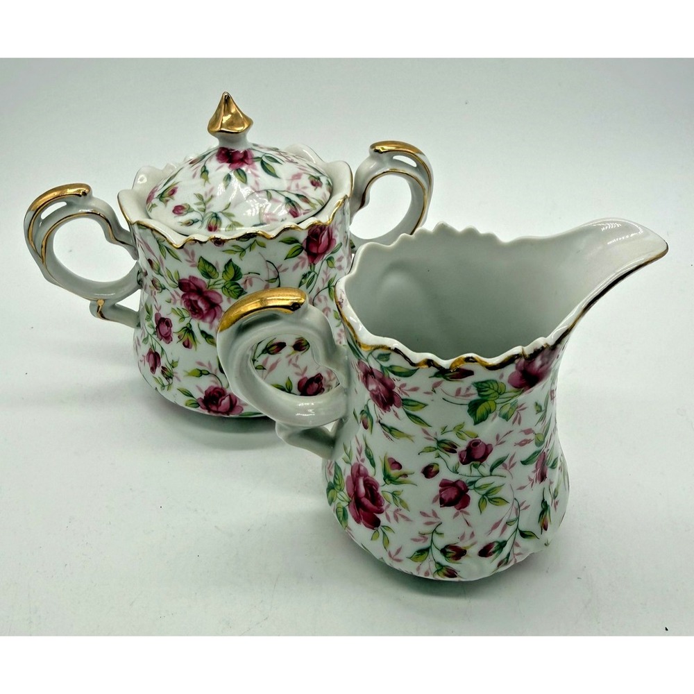 VINTAGE LEFTON‎ PINK ROSE CHINTZ COVERED SUGAR BOWL & CREAMER SET COTTAGECORE